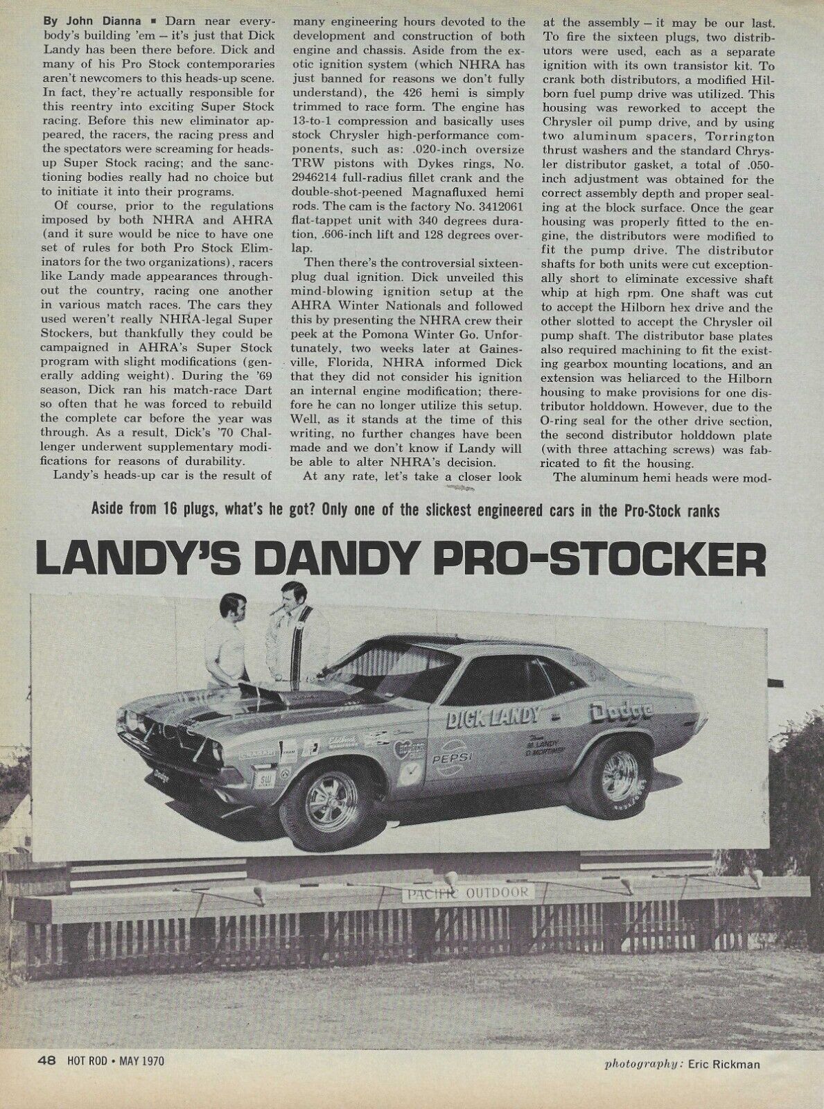 1970 Dick Landy Dodge Challenger Pro Stock Dragster Vintage Magazine Article Ad