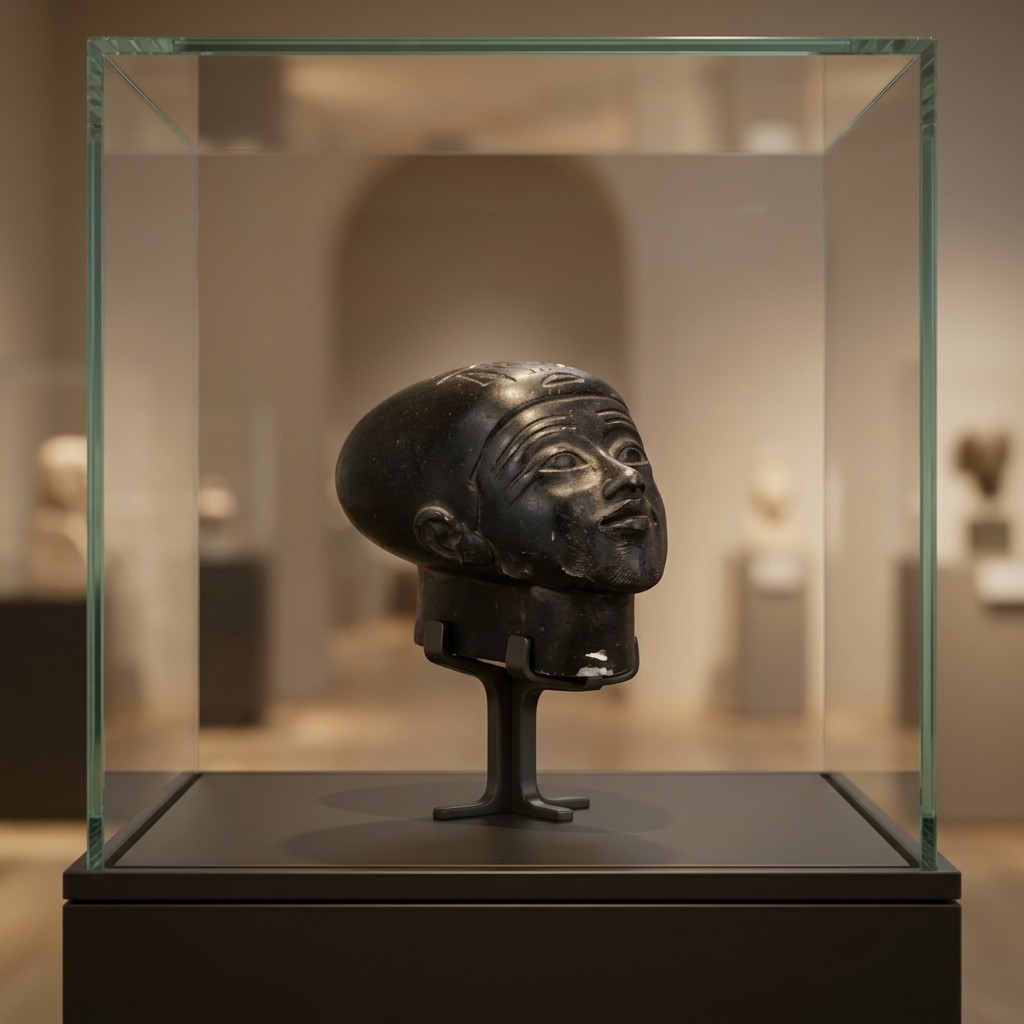Ancient head sculpture depicting a weathered Pharaonic dignitary, Rare