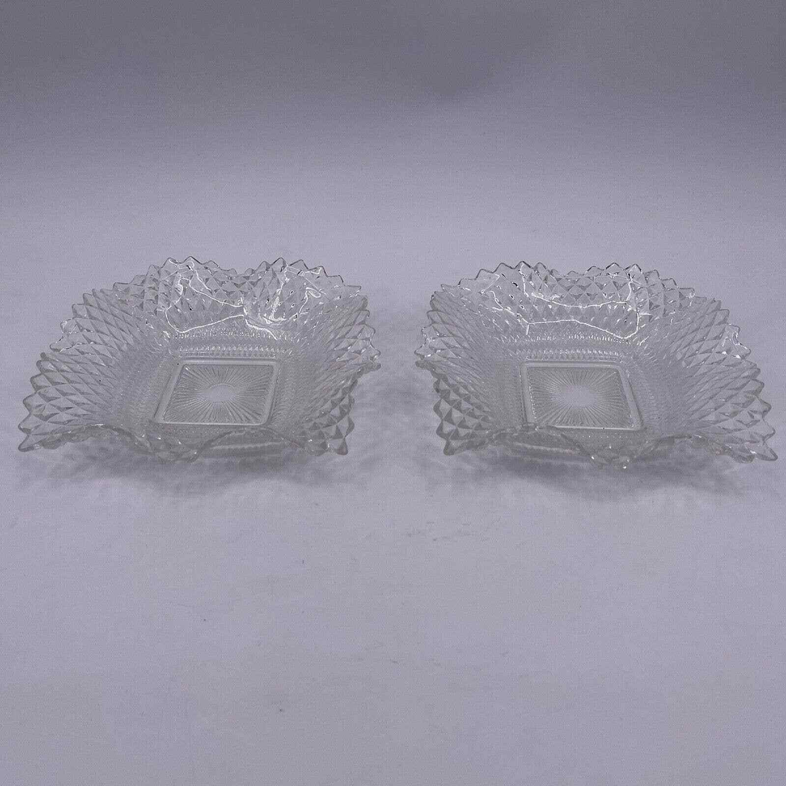 Indiana Glass Diamond Point Trinket Dish Set Ruffle Scallop Candy Jewelry Two