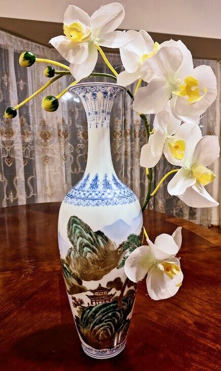 Vintage Chinese Eggshell Hand Painted Porcelain Vase 14.5” Tall