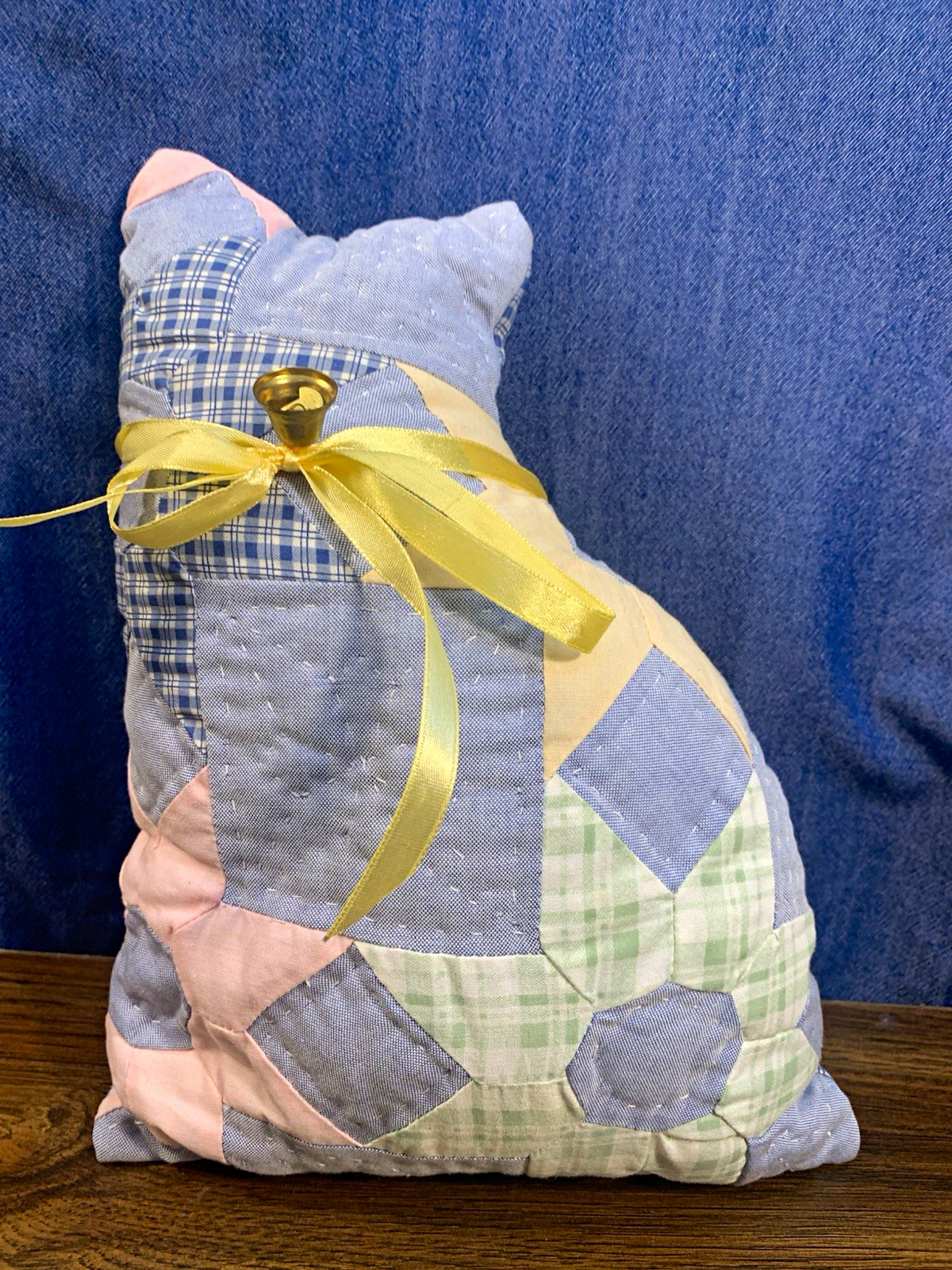 Vintage Handmade Quilted Cat Pillow Patchwork Calico Kitty Folk Art Decor