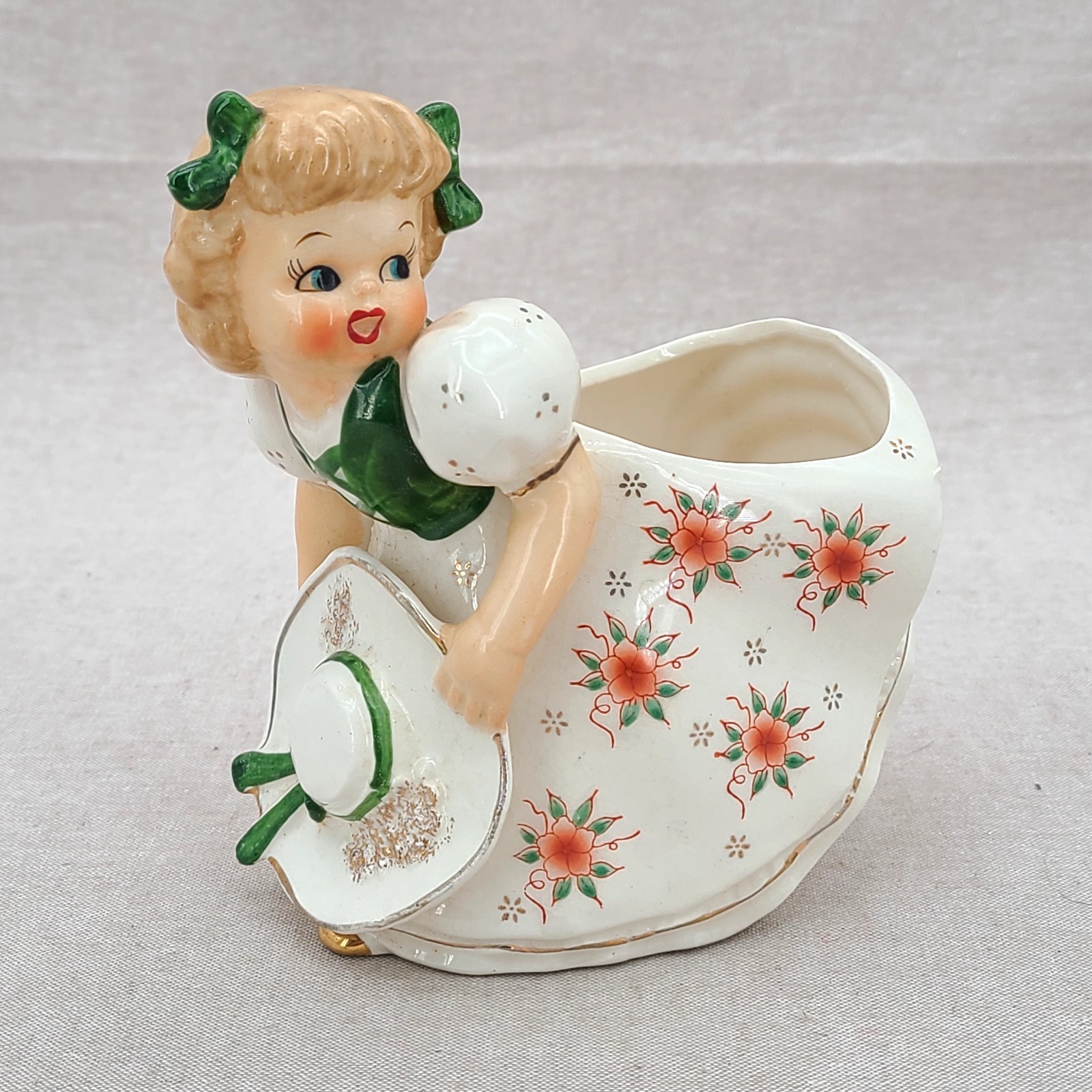 Vintage 50s Napco Royal Sealy Girl w/ Bonnet Ceramic Planter Gold Trim MCM Japan