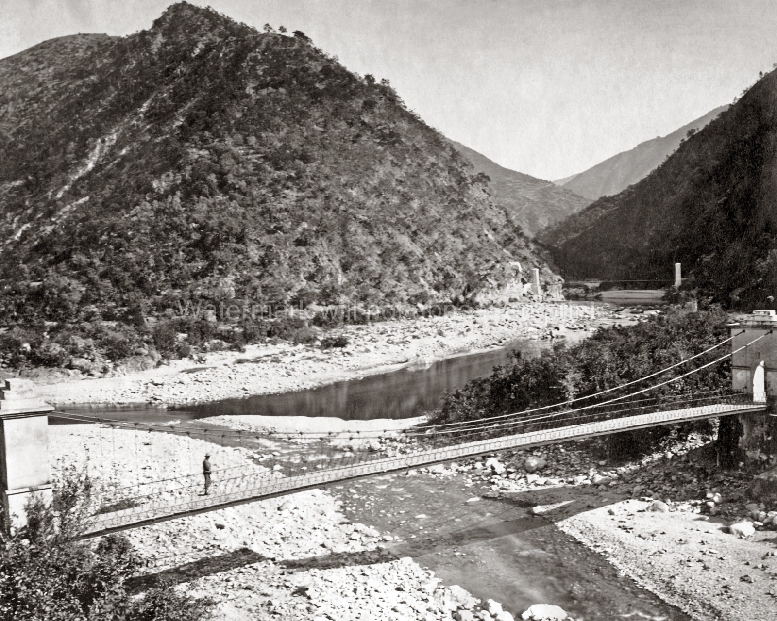 Kashmir India Suspension Bridge River Valley Mountains Vtg. Photo 19thC.