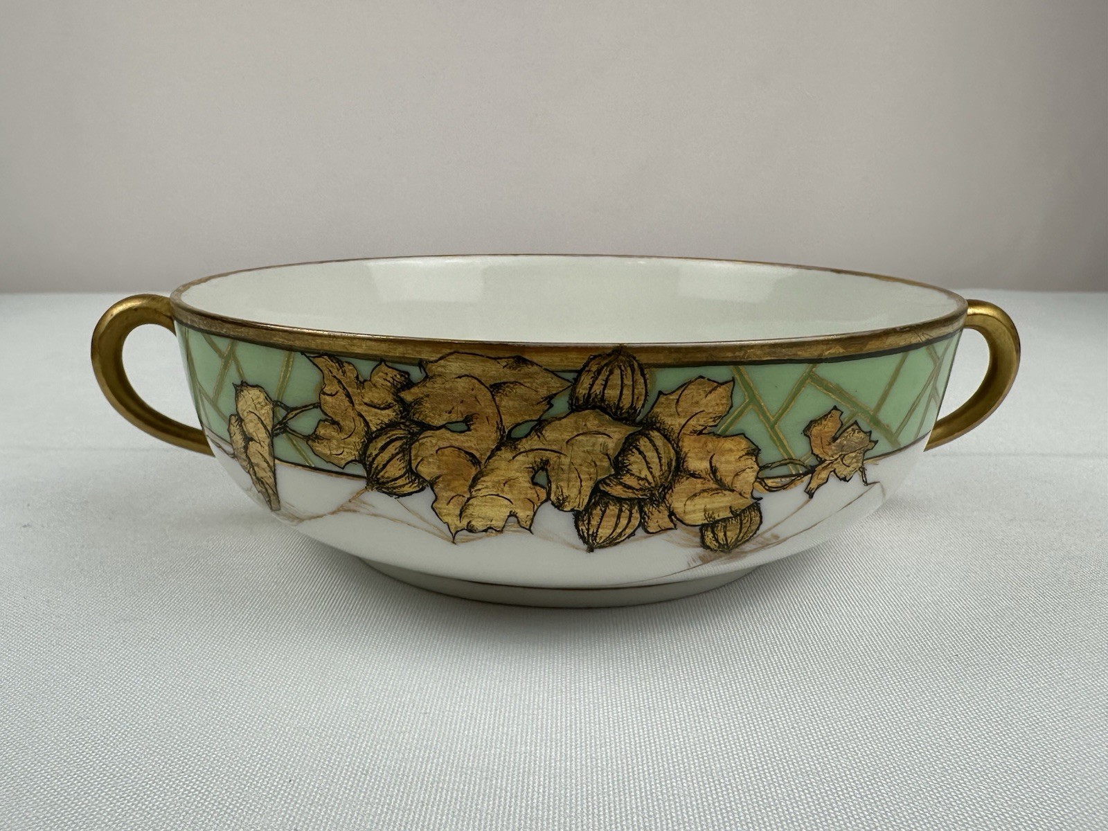 Antique GDA France Hand-Painted Porcelain Double-Handled Bowl – Gilded Leaves