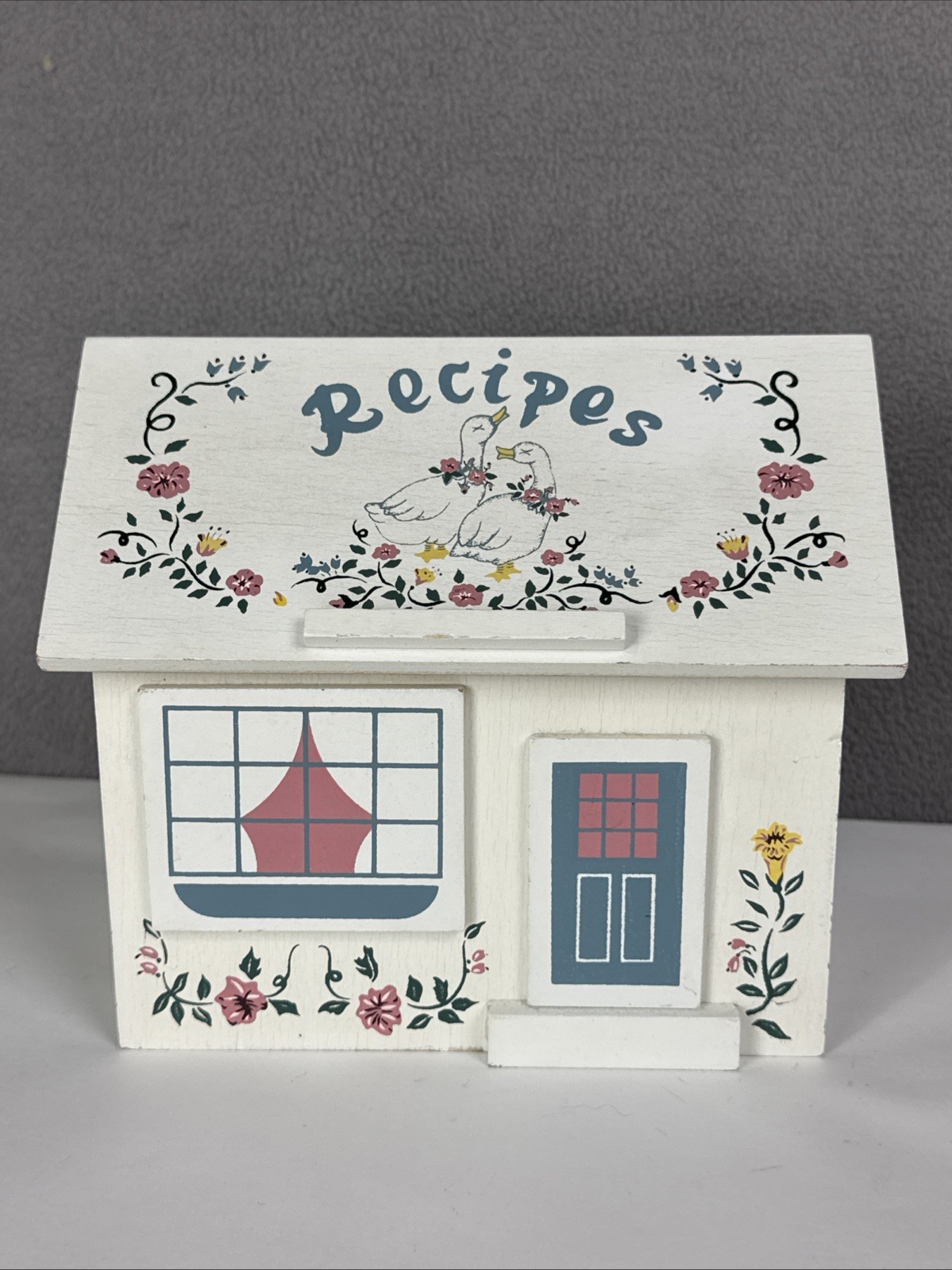 Vtg Country Goose Wood House Shaped Recipe Box geese pink floral cottagecore
