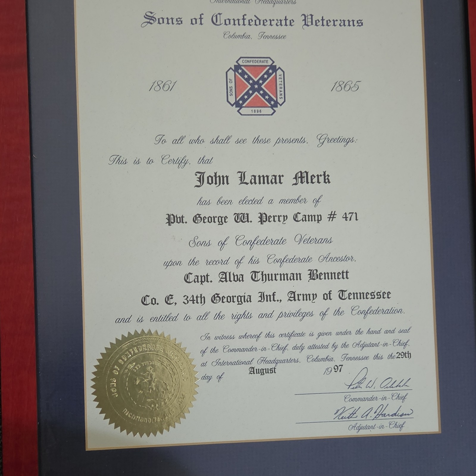 Signed Framed Sons of Confederate Veterans Certificate John Lamar Merck
