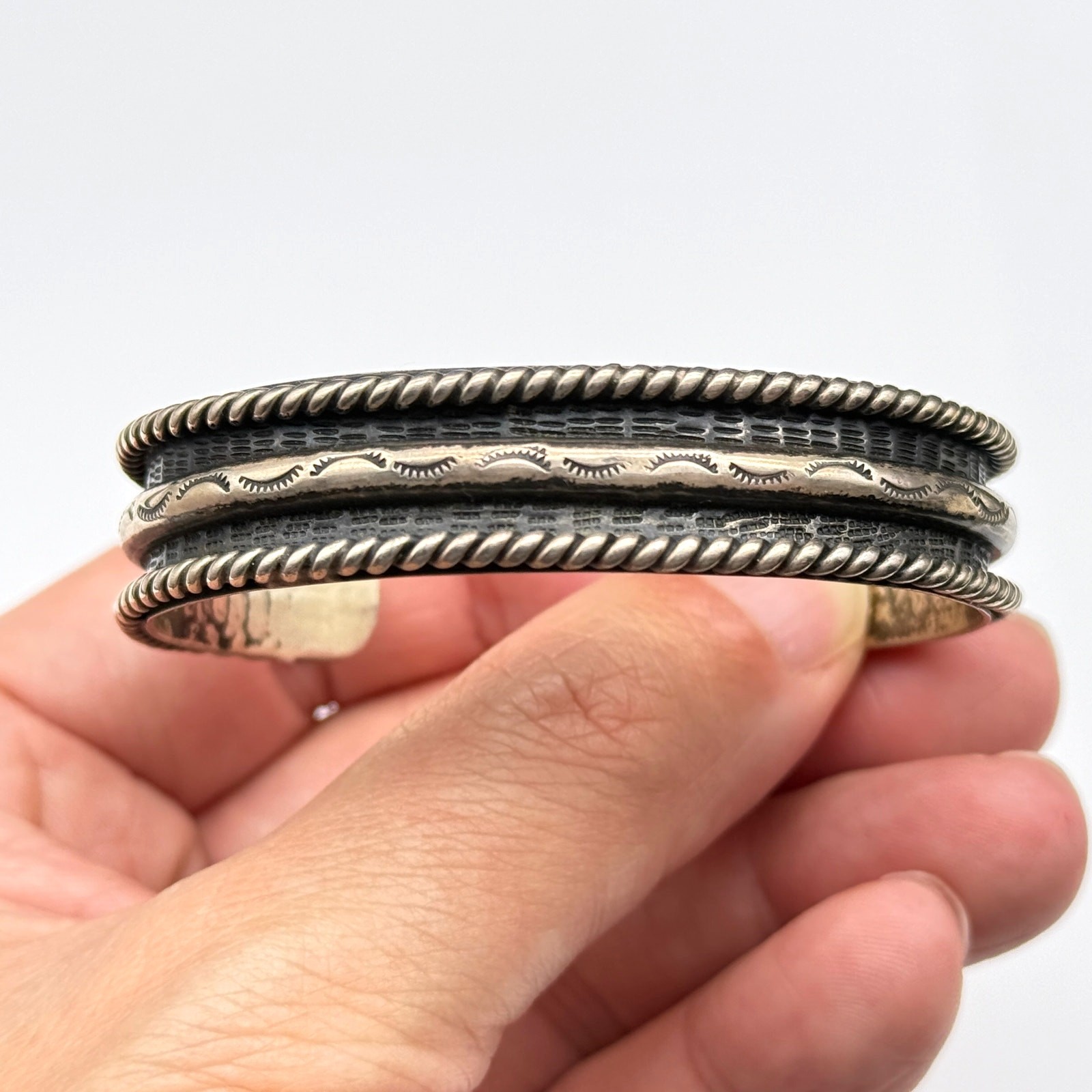 Vintage Hopi Bernard Dawahoya Hand Stampwork Silver Bracelet Cuff Small 6-3/8