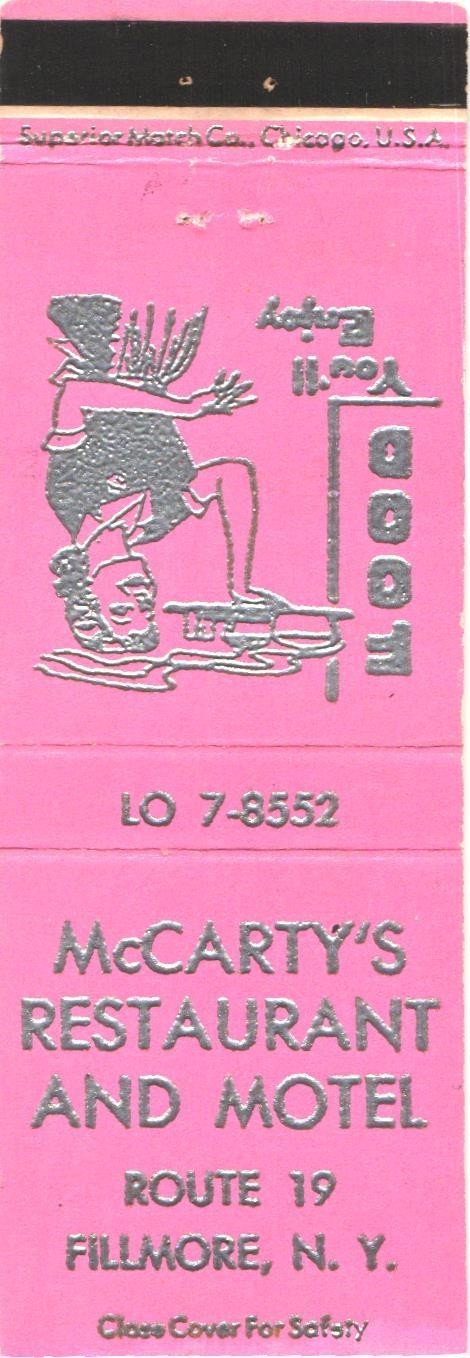 McCarty\'s Restaurant & Motel Fillmore NY Vintage Matchbook Cover 1950s