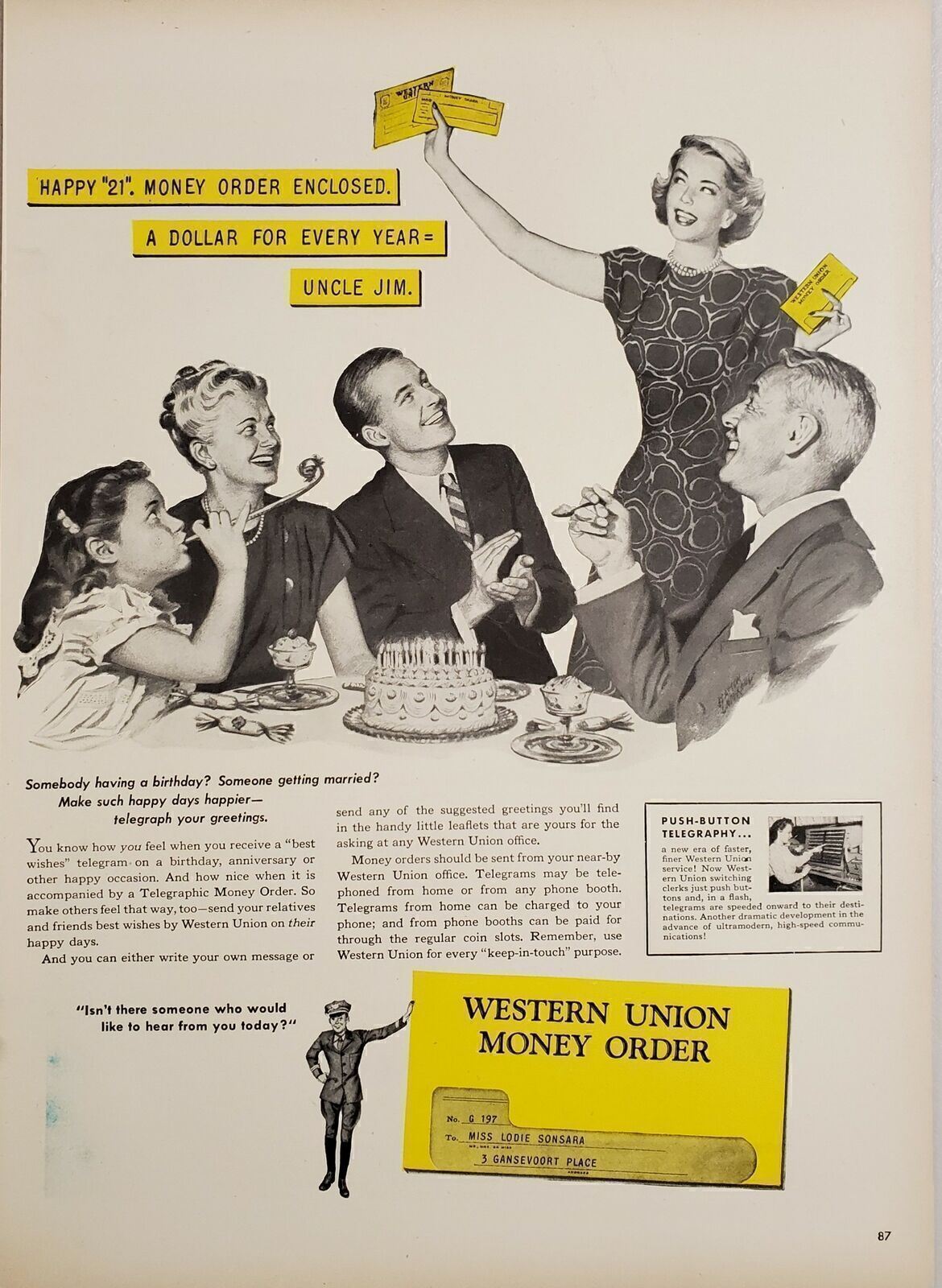 1947 Print Ad Western Union Telegram Money Orders Uncle Jim\'s Birthday