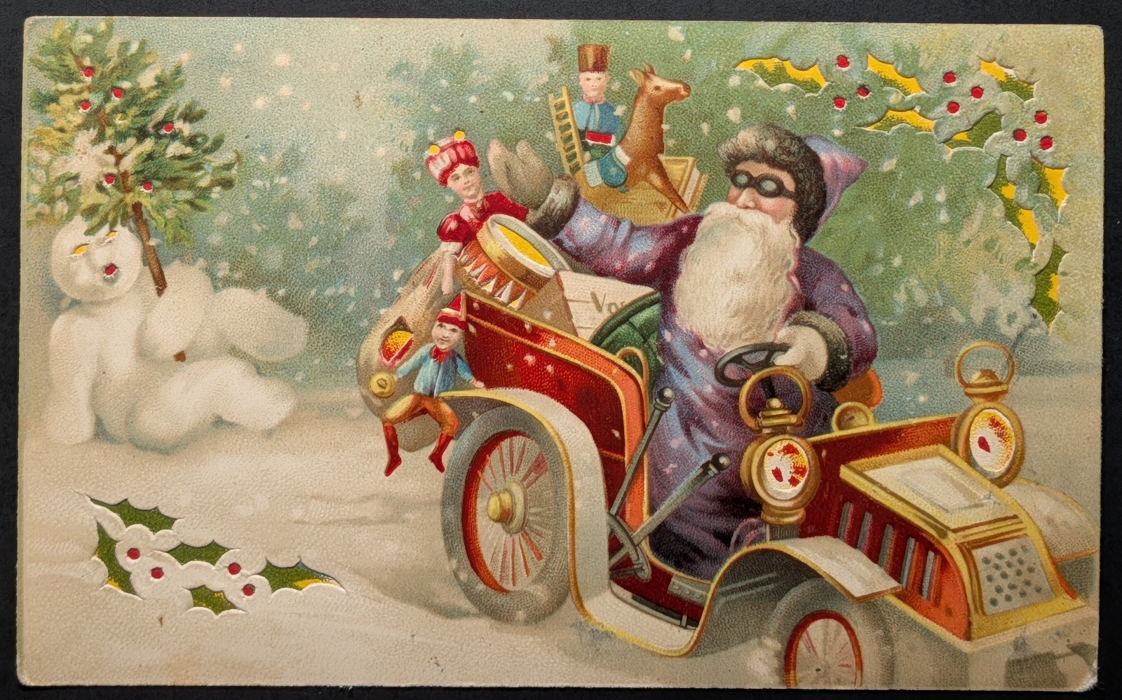 Vintage Santa Christmas Drives Car Toys Snowman Hold to Light Postcard
