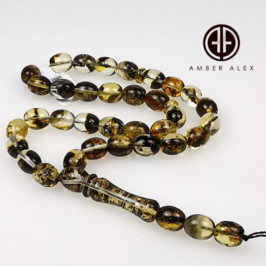 Natural Baltic Amber Transparent with Fossil Color Islamic Prayer Beads 33 Olive