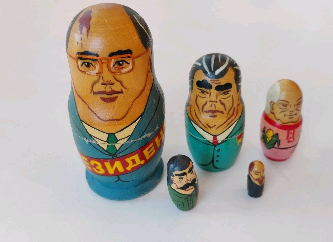 Vtg Russian Matryoshka Nesting Dolls Hand-Painted Soviet Leaders, Set Of 5