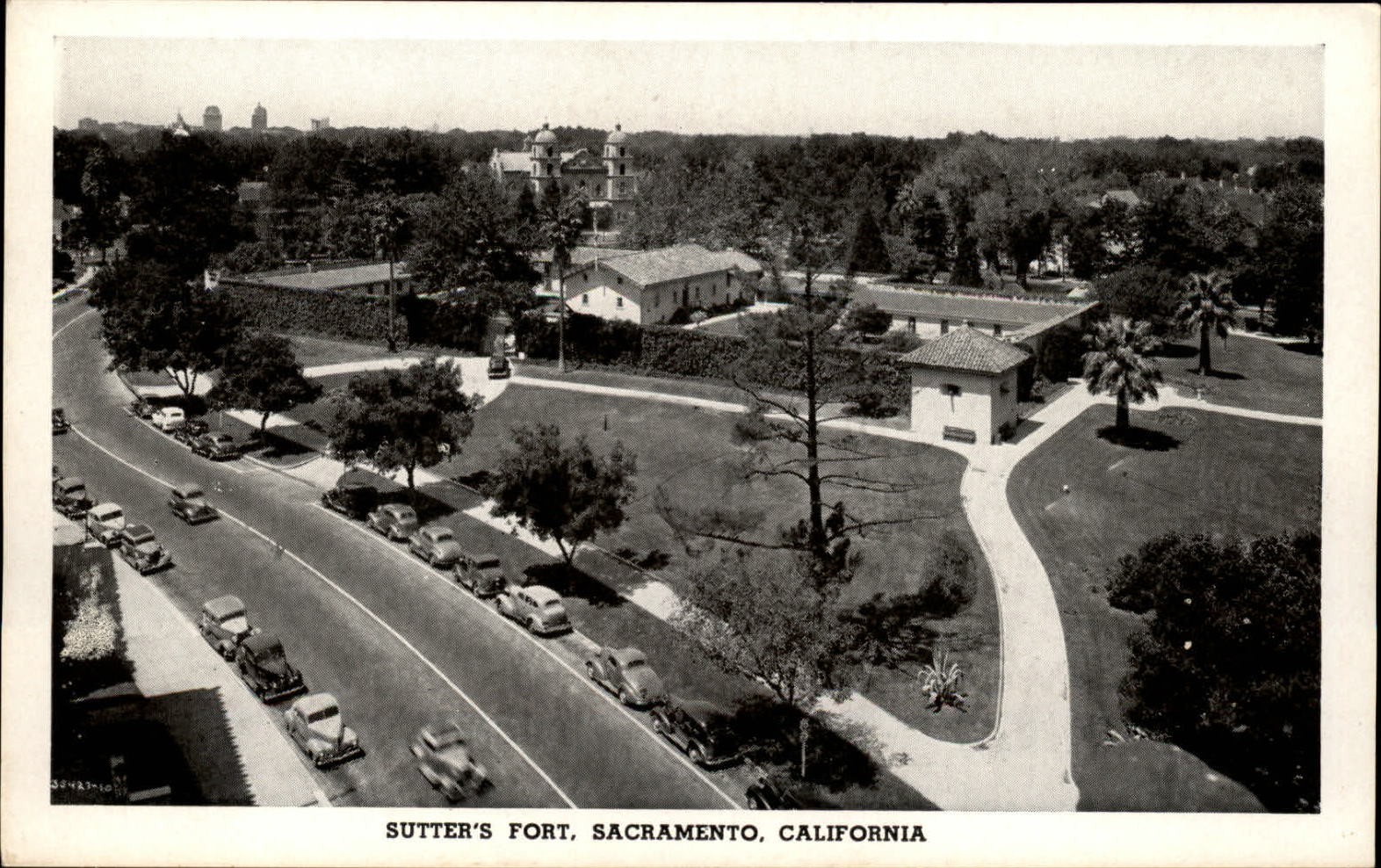Sutter\'s Fort Sacramento California aerial view antique cars ~ vintage postcard
