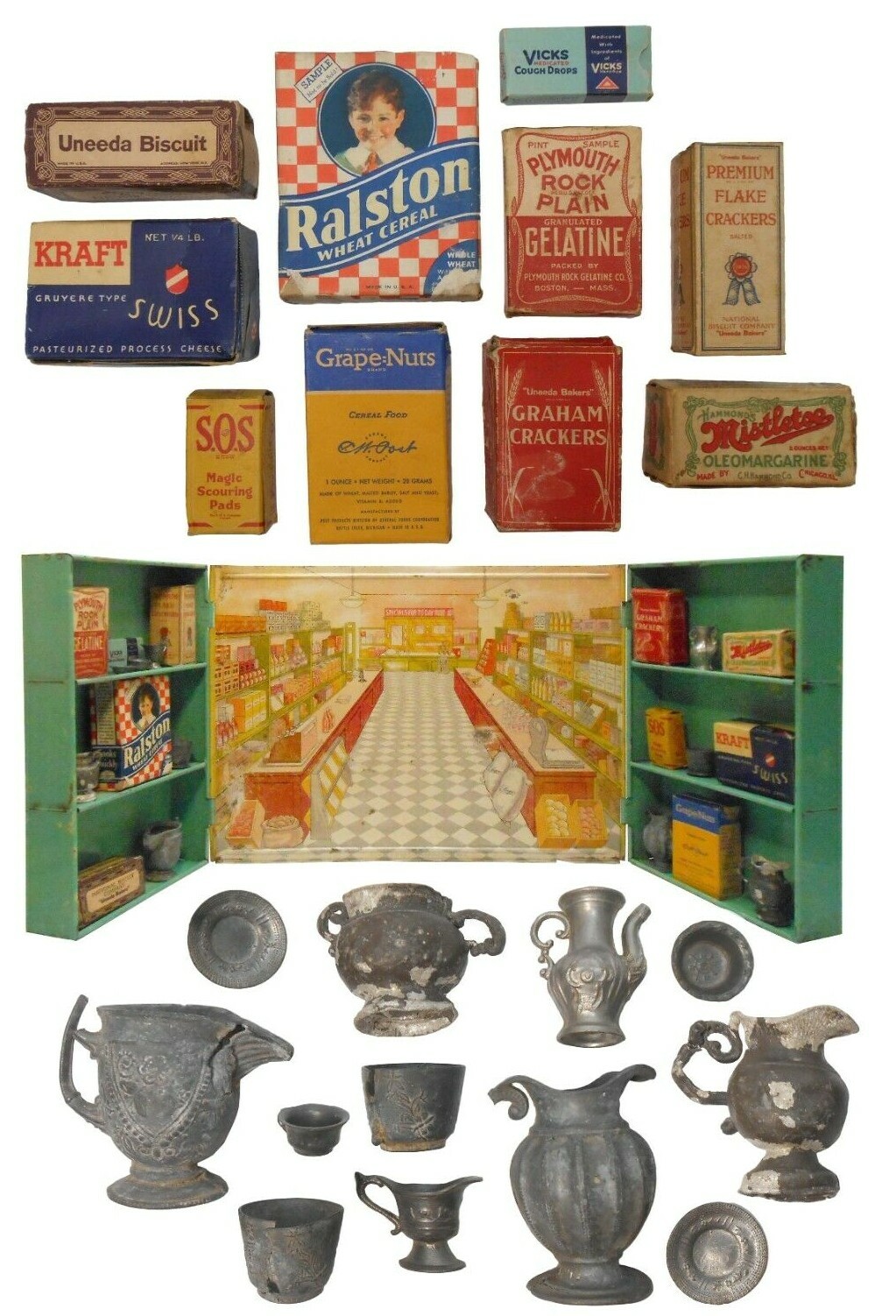 SCARCE WOLVERINE CO. VINT ENML FOLDING TIN STORE TOY, W/AD BOXES TIN POTS/PLATES