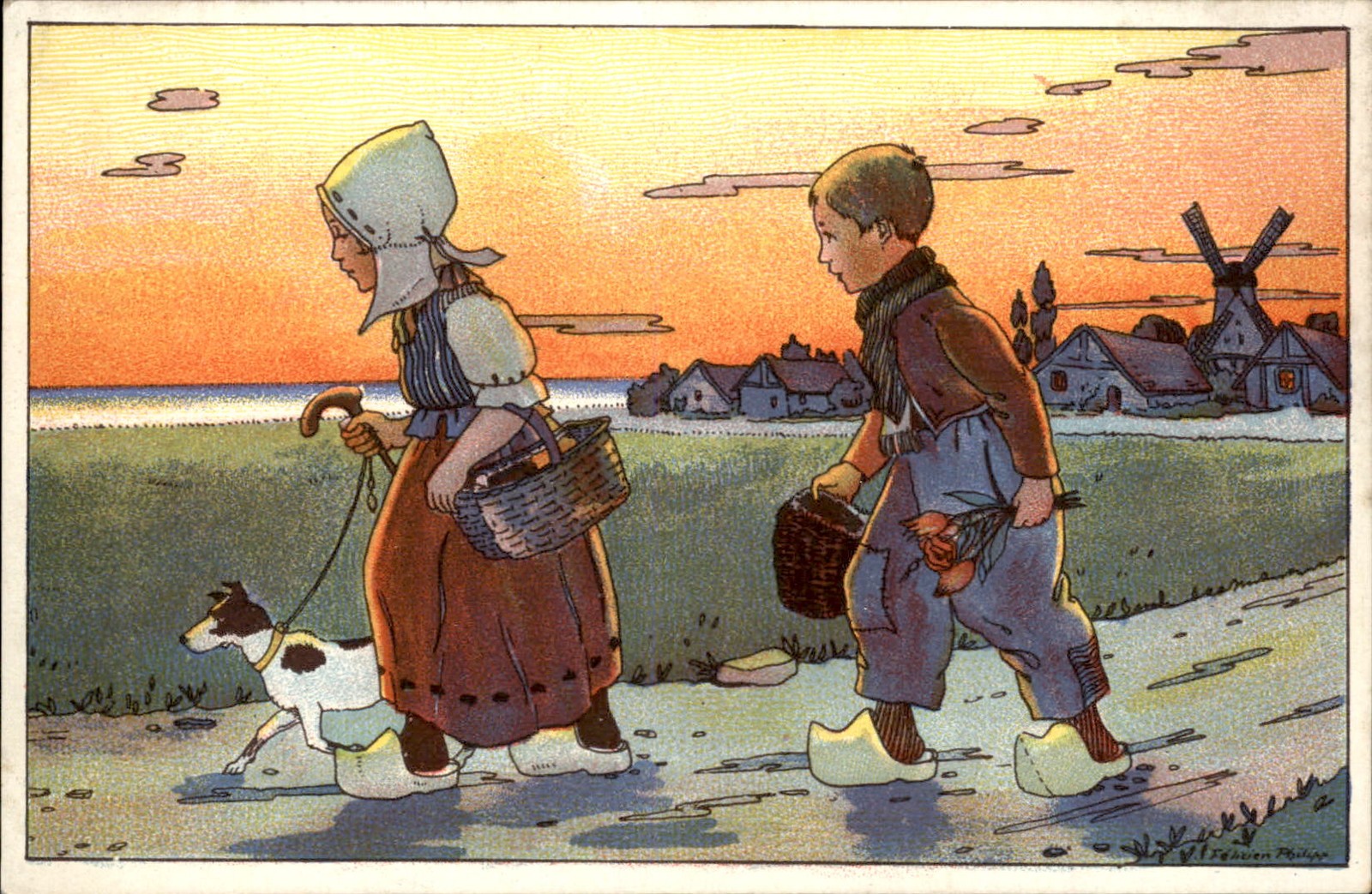 Dutch Children with dog at sunset Illustrated c1910s Vintage Postcard