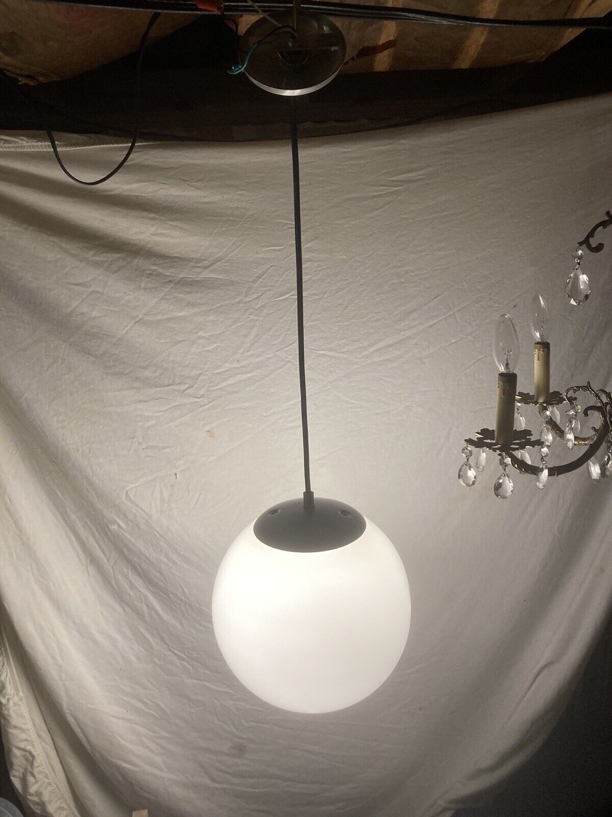 Damp LocationsVintage Large 11” White Milk Glass Round Globe Ball Light Fixture