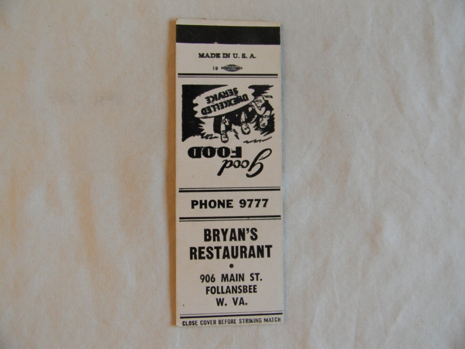 Follansbee West Virginia f&b Restaurant low # 9777 matchbook