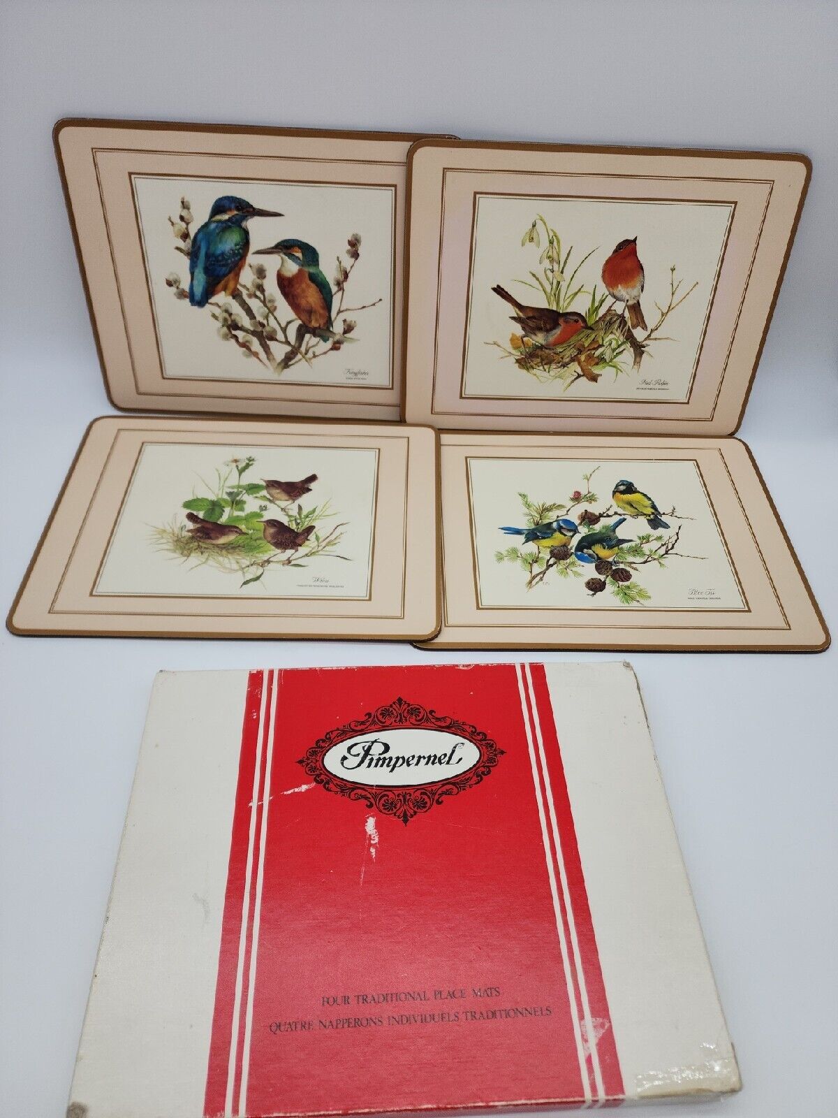 4 Vintage Pimpernel Place Mats cork backed W/Box Made in England European Birds 