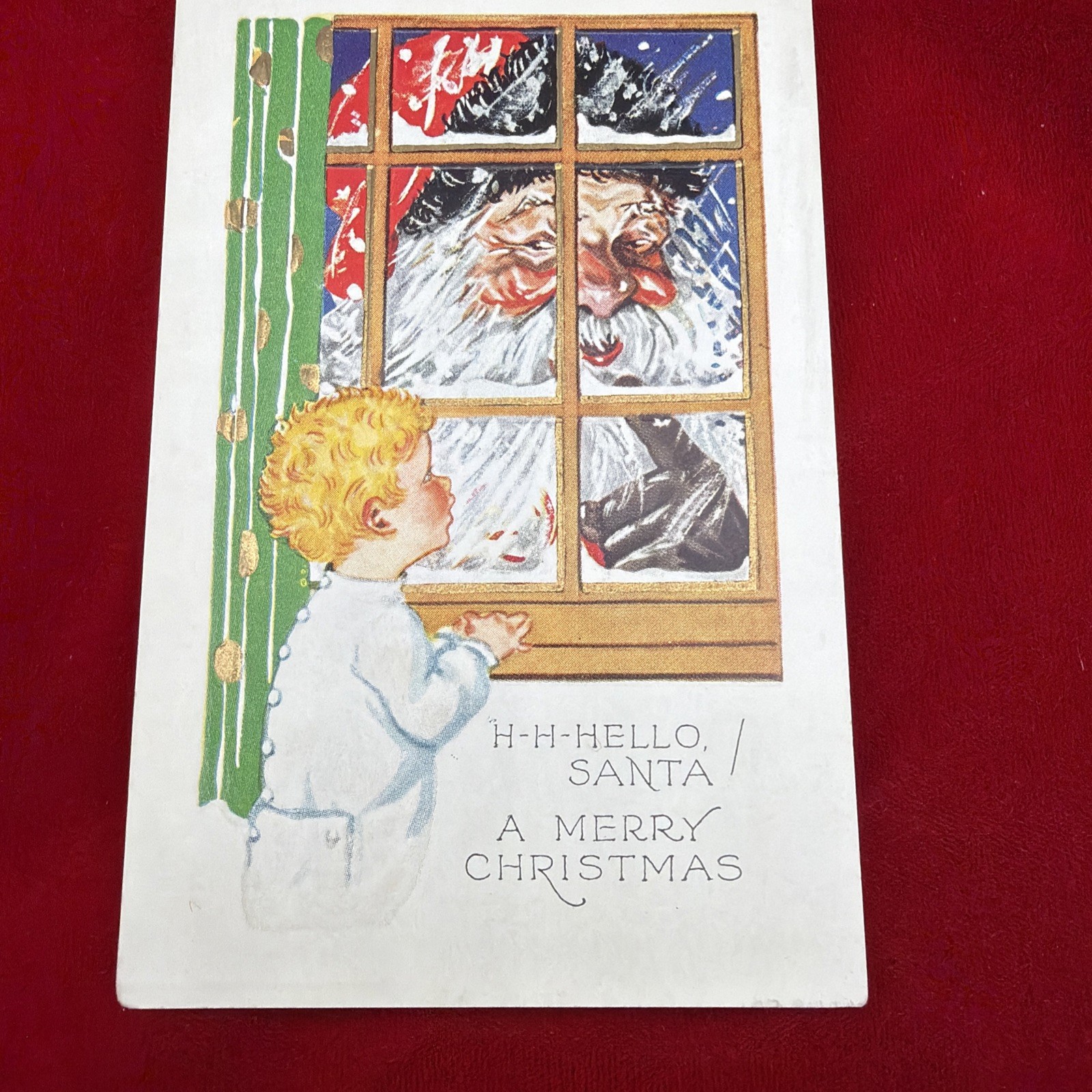 Beautiful Vtg Christmas Postcard Scared Of Santa Unused