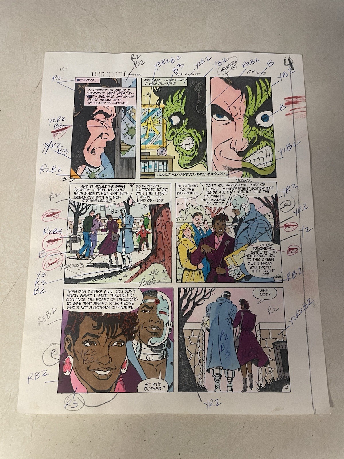 TEEN TITANS SPOTLIGHT #13 comic ART color guide TWO FACE STRUGGLES with EVIL