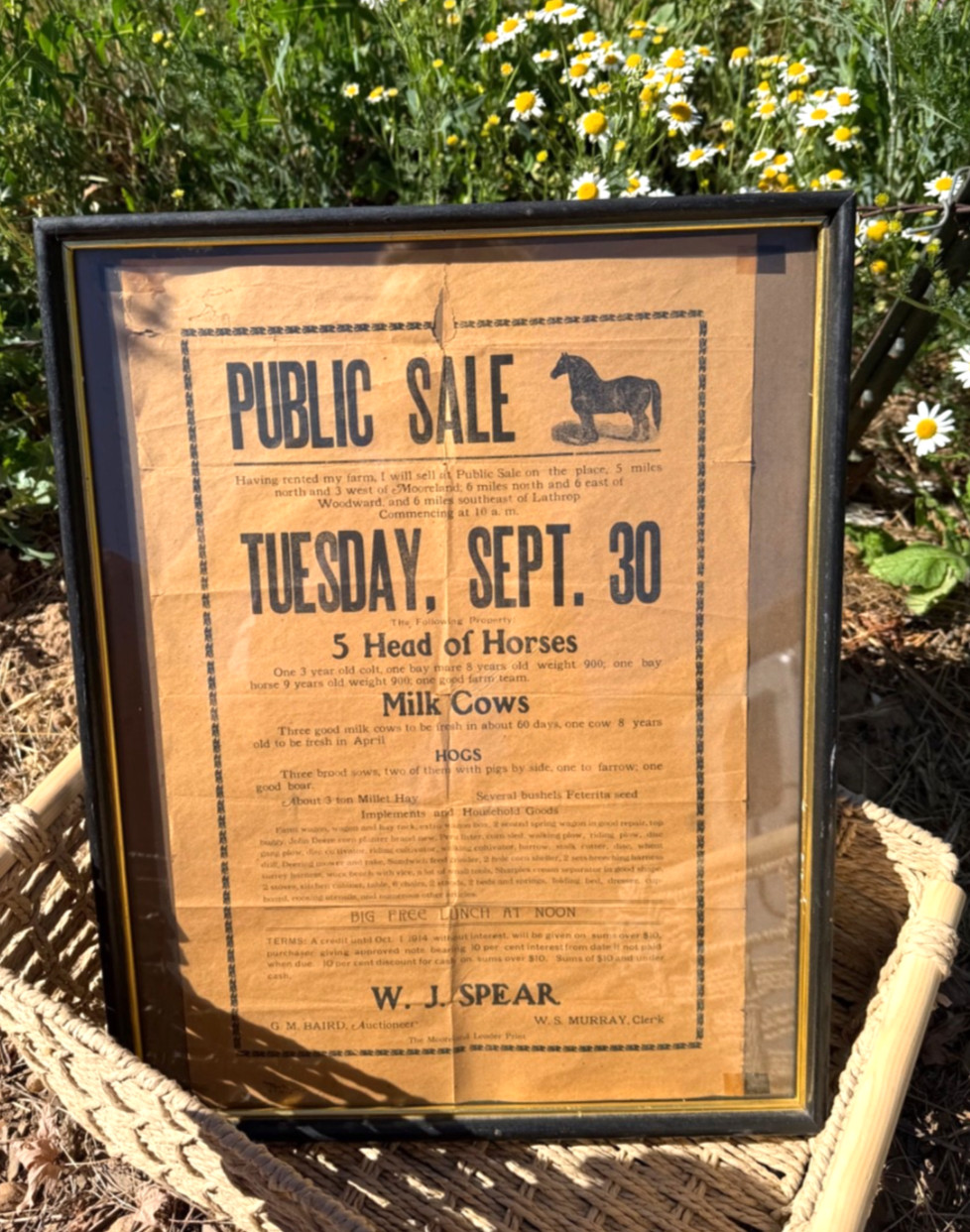 Antique 1914 Oklahoma Farm Auction Broadside Poster Framed Mooreland Woodward OK