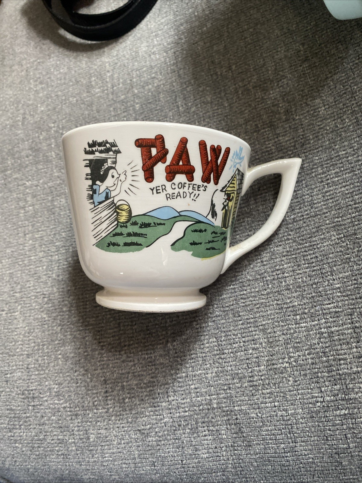 Vintage PAW YER COFFEE'S READY MUG LARGE 12 oz Cup HILLBILLY OUTHOUSE