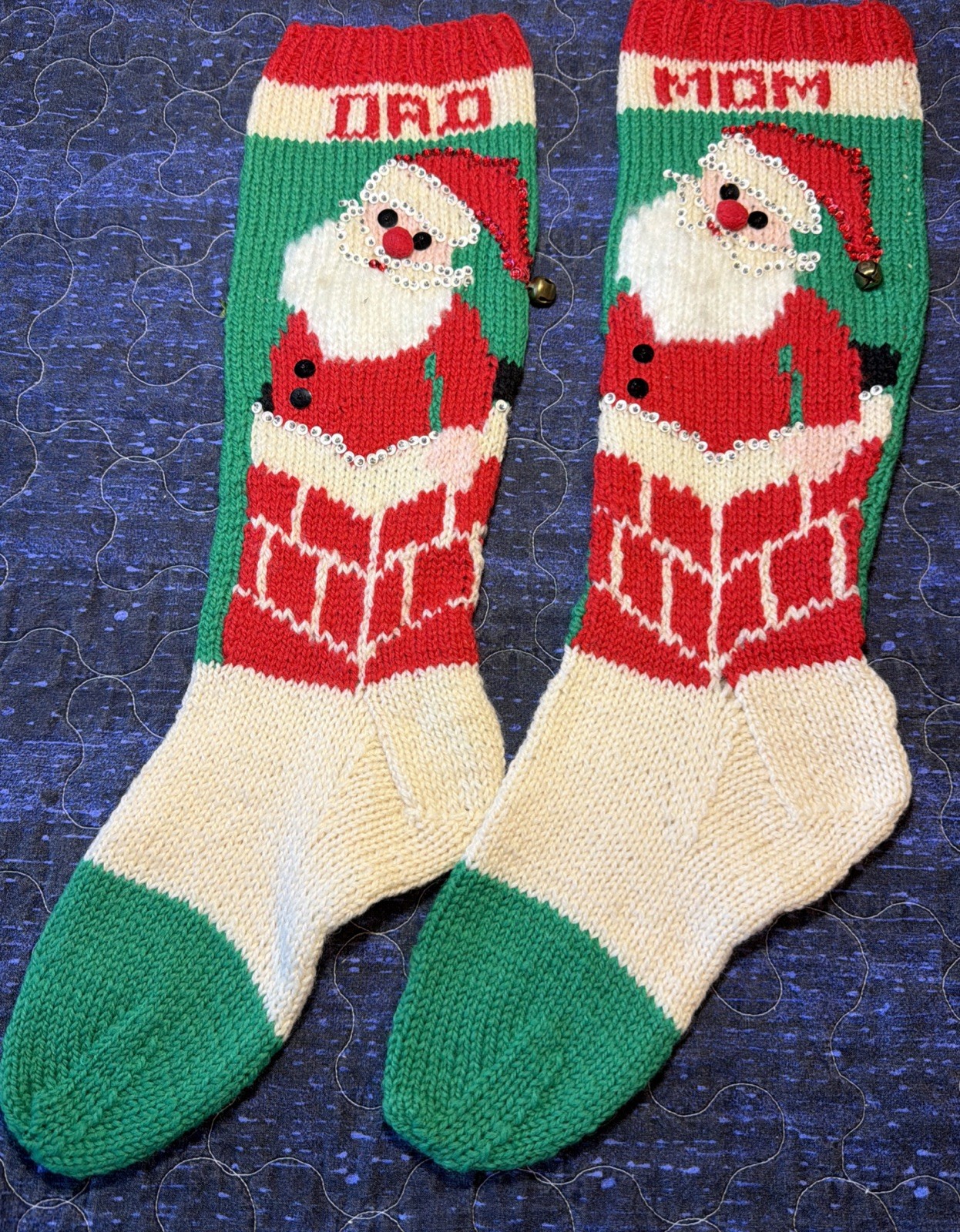 Vintage Hand Knit Christmas Stockings Lot of 2 Mom Dad Santa Chimney Bell 22\