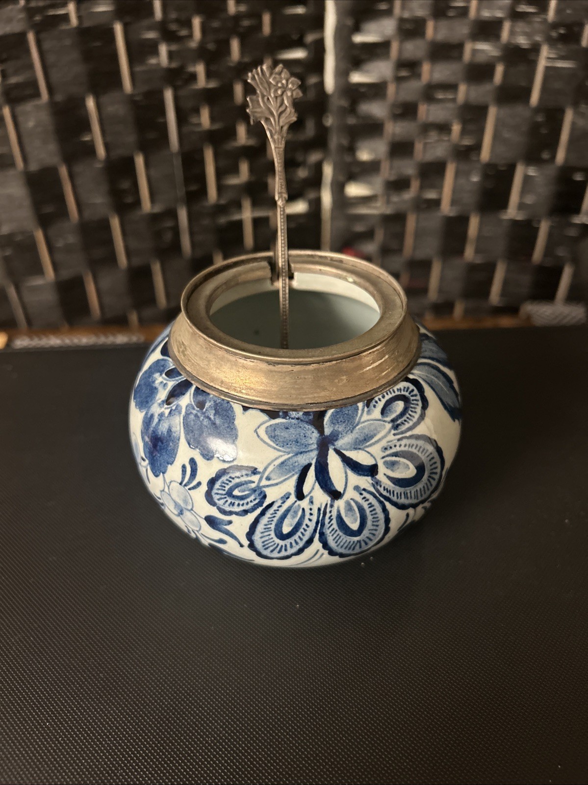 Vintage Sugar Jar with Spoon No Lid. Blue and White Floral Design. 1513 Holland