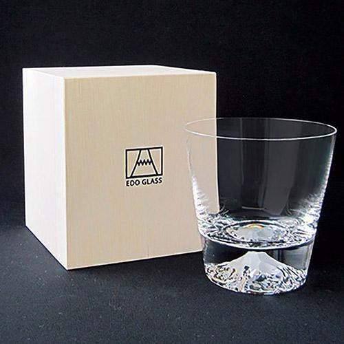 Edo Glass Tajima Glass Mt. Fuji Whiskey Glasses in Wood Box Hande Made in Japan