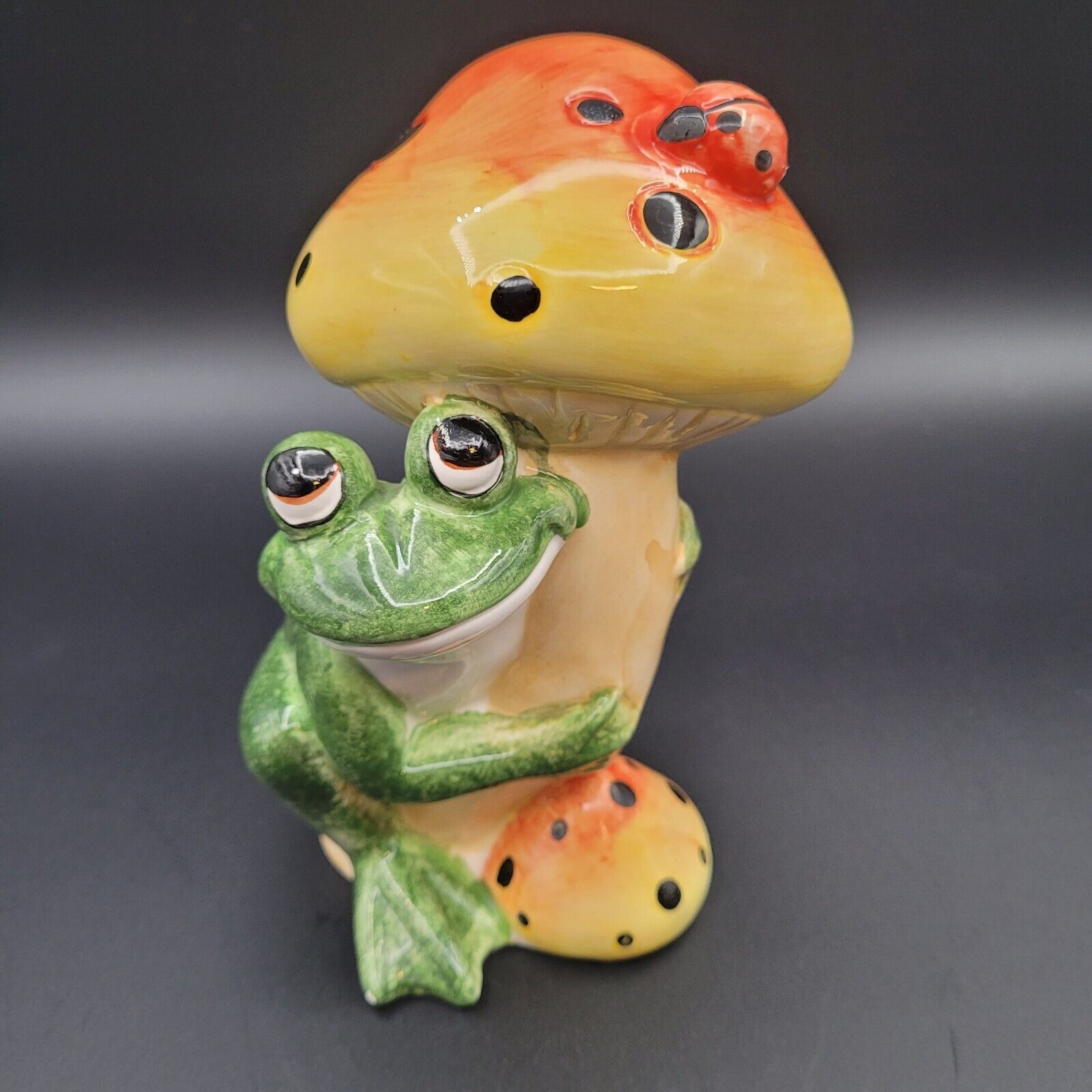 Ceramic Frog With Ladybug and Mushroom