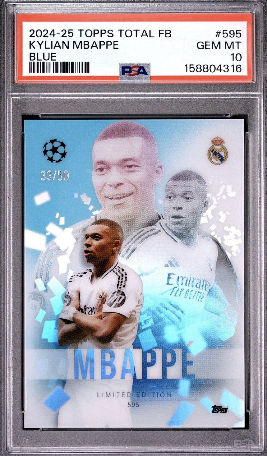 /50 2024 Kylian Mbappe Blue #595 PSA 10 Topps Total Football Real Madrid