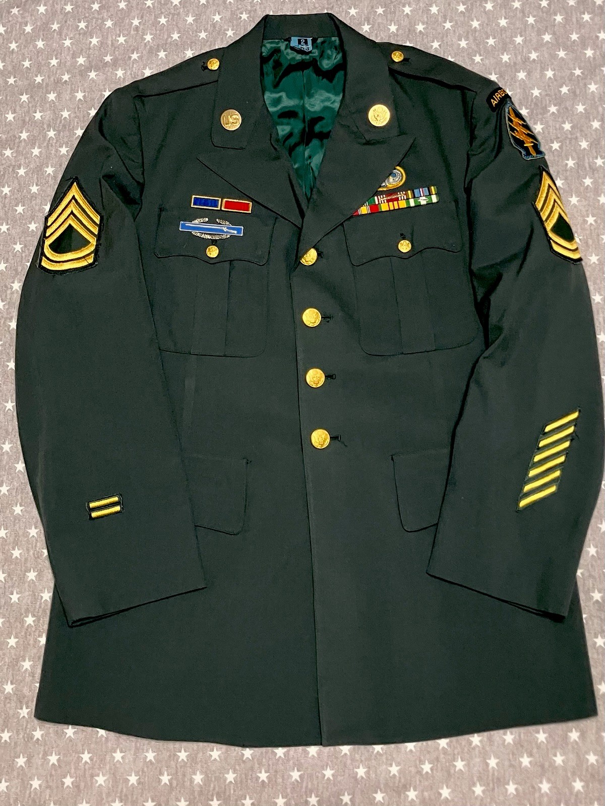 Vintage US Army Service Jacket Class A Men’s 42R Green Button Ribbons Insignia