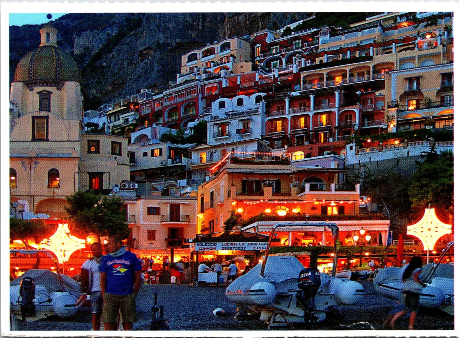 POSITANO Italy Night View Postcard d\'ORIANO Amalfi People Village Church Boats