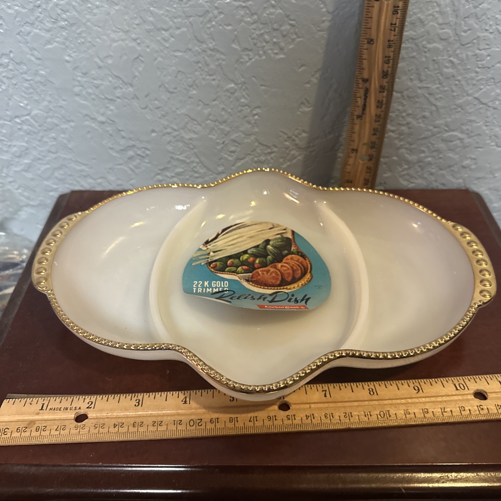 Vintage Anchorglass Devided Relish Dish 22kt. Gold Trim With Sticker In Box.
