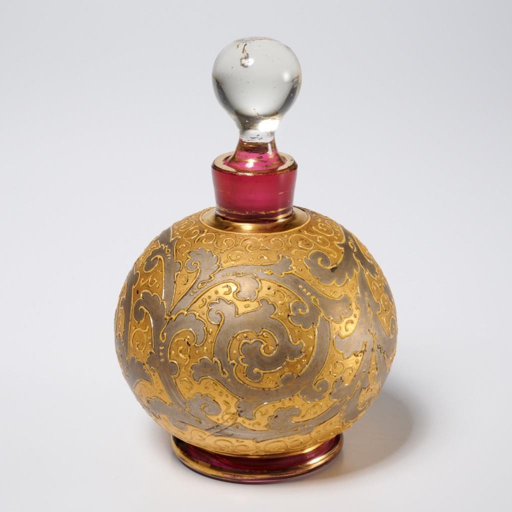 Gold Silver Gilt Overlay Cranberry Glass Perfume Bottle Decorative Collectible