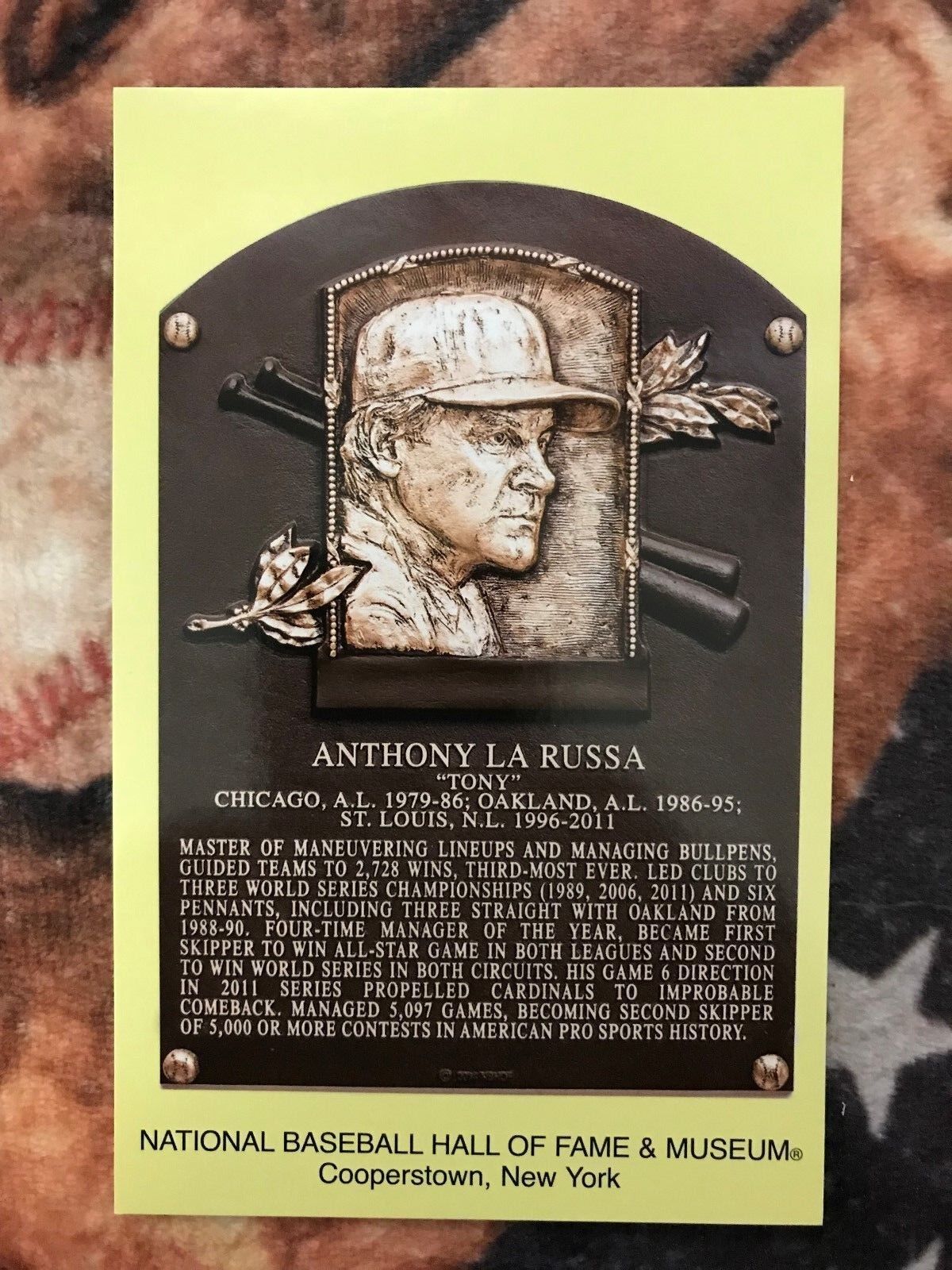 Tony LaRussa Postcard- Baseball Hall of Fame Induction Plaque - Photo -Cardinals