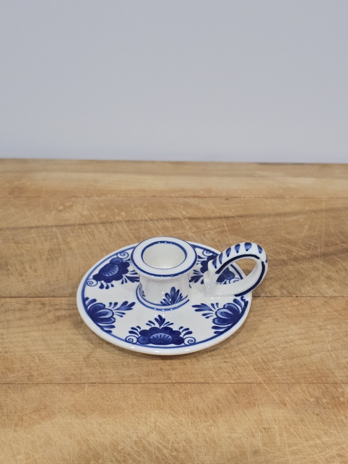 Vintage Delft Blue Hand Painted Floral Chamberstick Candle Holder 4\