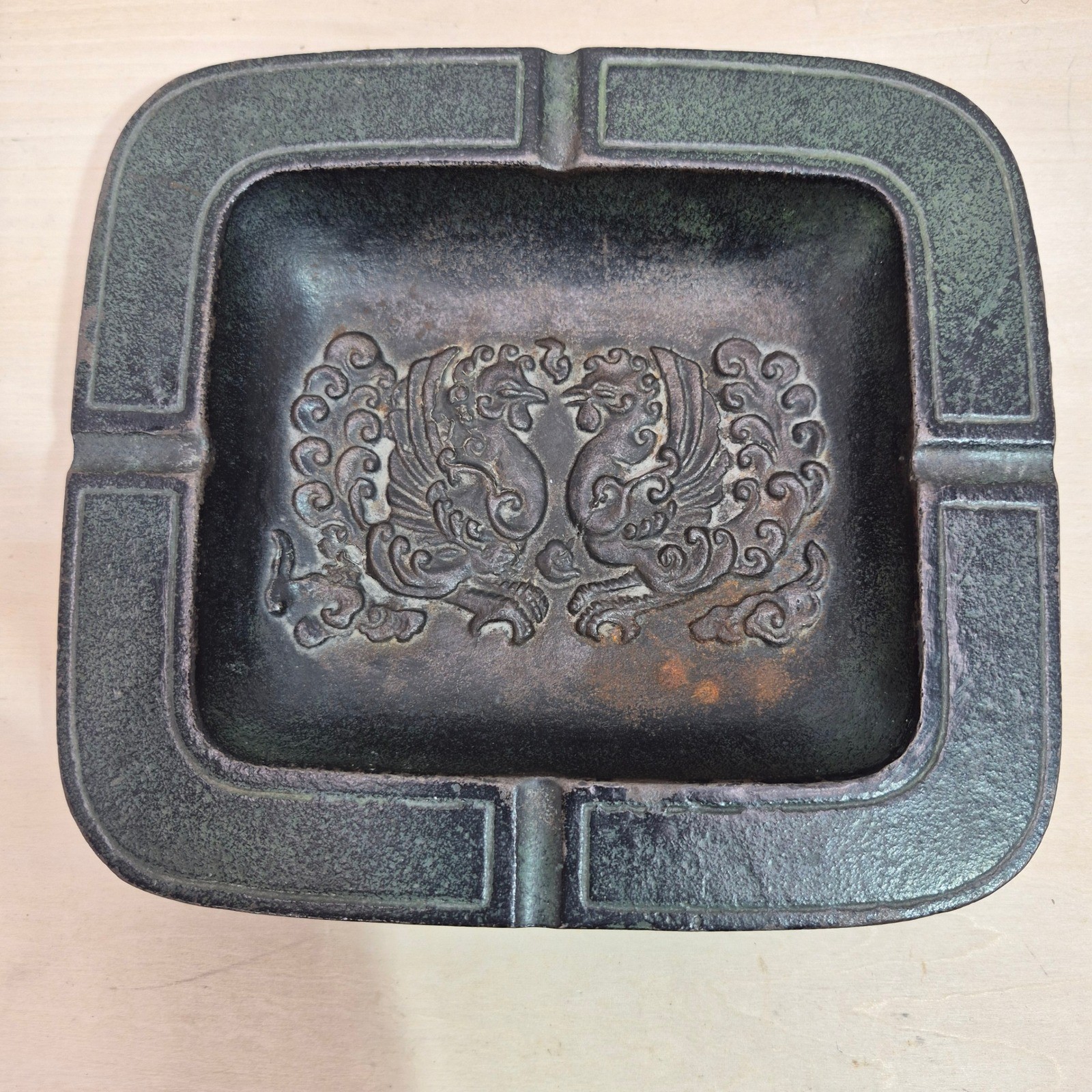Vintage Japanese Cast Iron Phoenix Ashtray Square Heavy Metal Made in Japan
