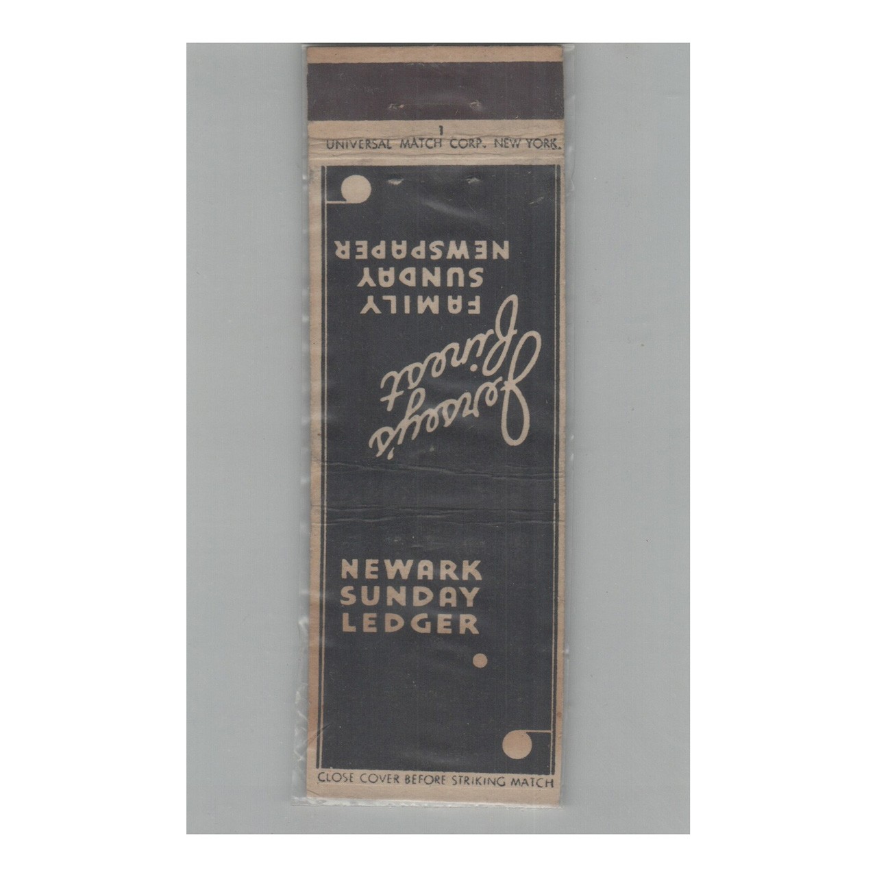 1920s-1930s Universal Match Matchbook Cover Newark, NJ Sunday Ledger