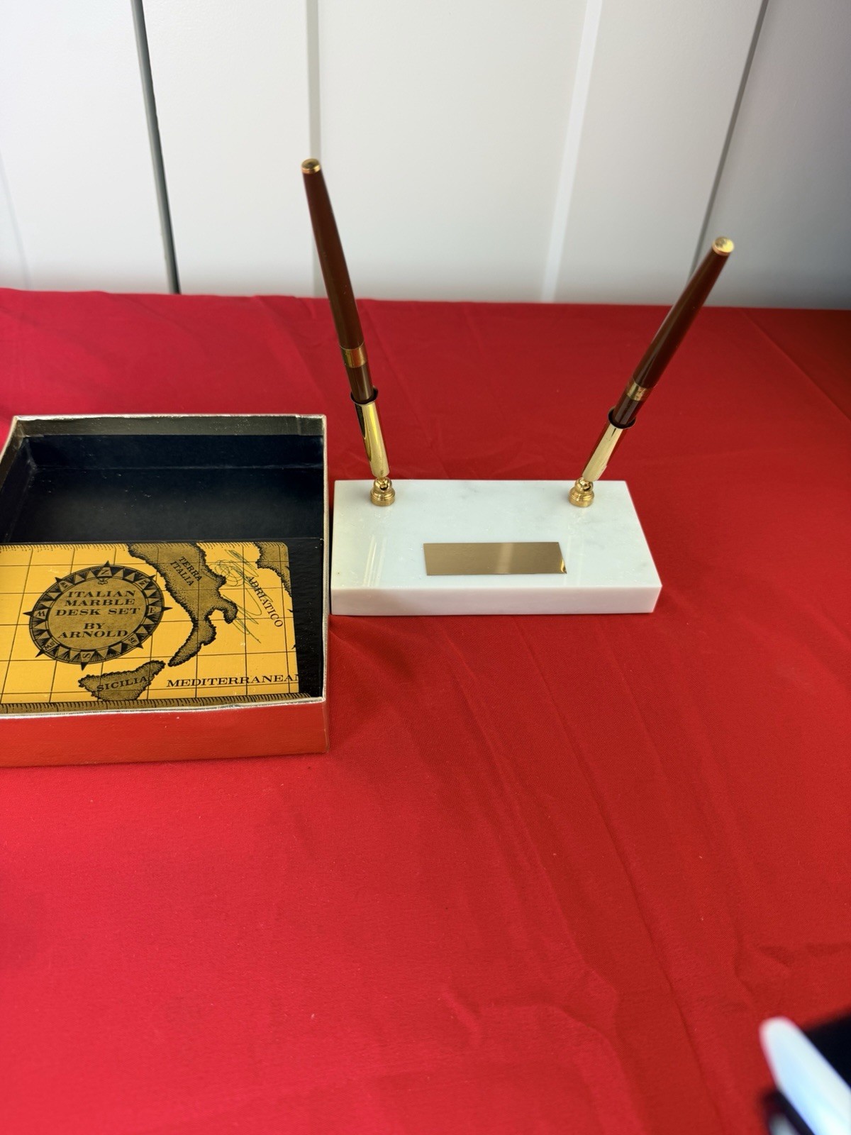 Vtg Arnold Italian Marble Double Desk Pen Set MCM Gold Tone New Boxed