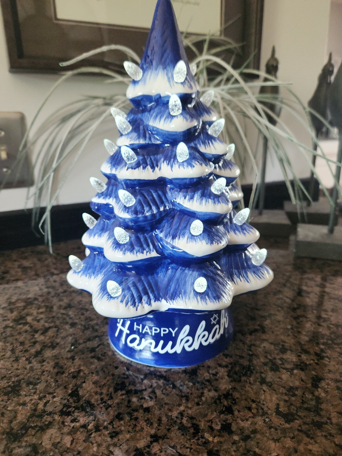 Happy HANUKKAH Blue Ceramic Light Up Tree 12\