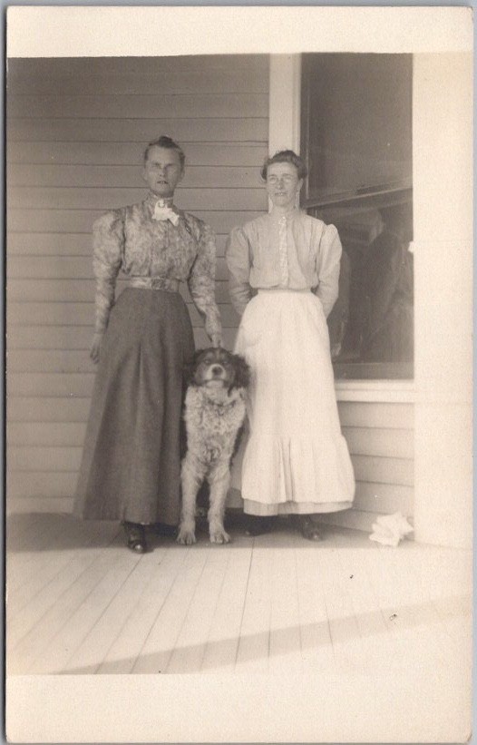 c1910s Real Photo RPPC Postcard 2 Women Posing with Dog on House Front Porch
