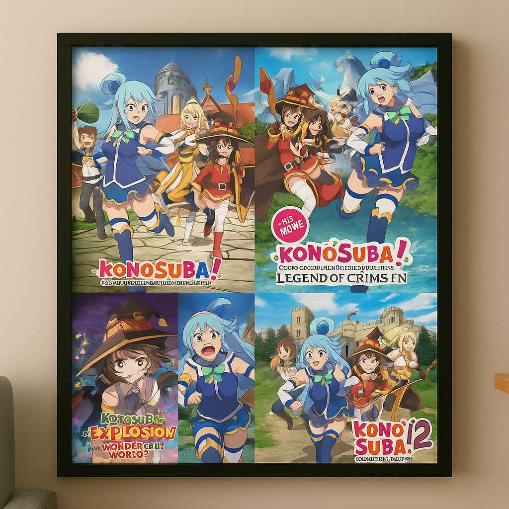 Framed KonoSuba Poster Set (5) – Full Series Anime Wall Art – Megumin Aqua Movie Framed KonoSuba Poster Set (5) – Full Series Anime Wall Art – Megumin Aqua Movie