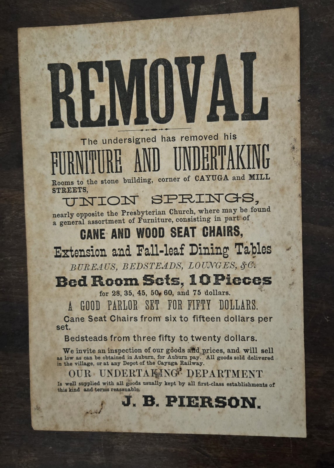 Antique 1879 Union Springs NY J B Pierson Furniture Undertaking Broadside Flyer