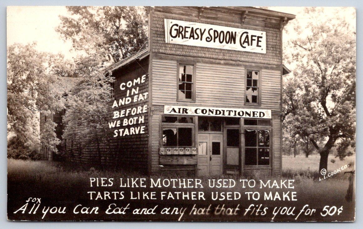 Greasy Spoon Cafe humor sign dilapidated building facade RPPC 1946