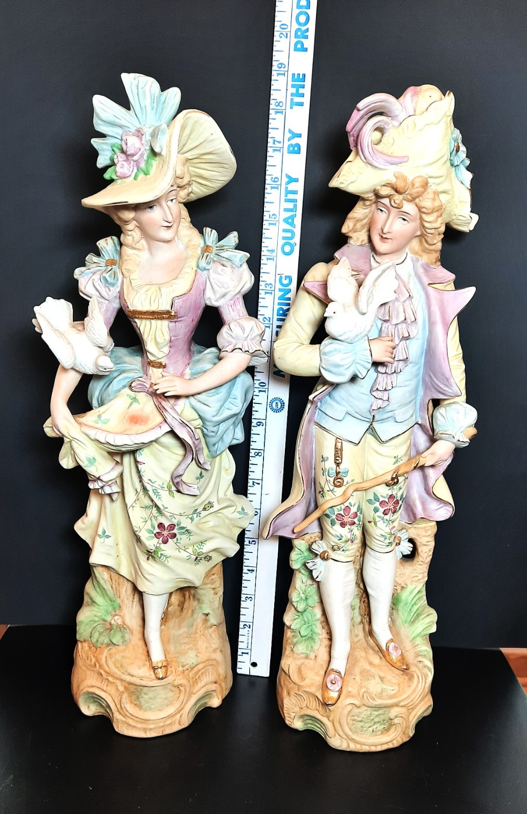 Vintage Pair Bisque Porcelain 18” Victorian Courting Figurines Hand-Painted 
