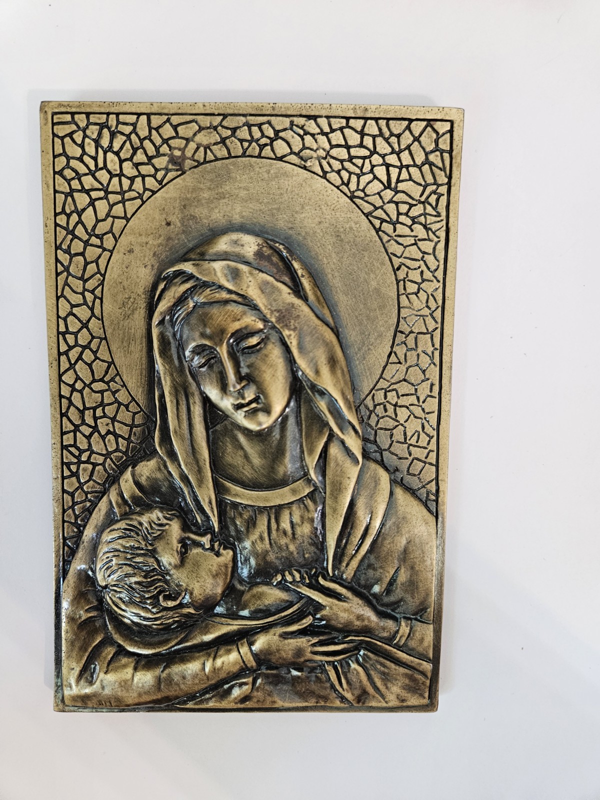 vintage Virgin Mary & Child Metal Wall Plaque Relief Hanging 6×4\