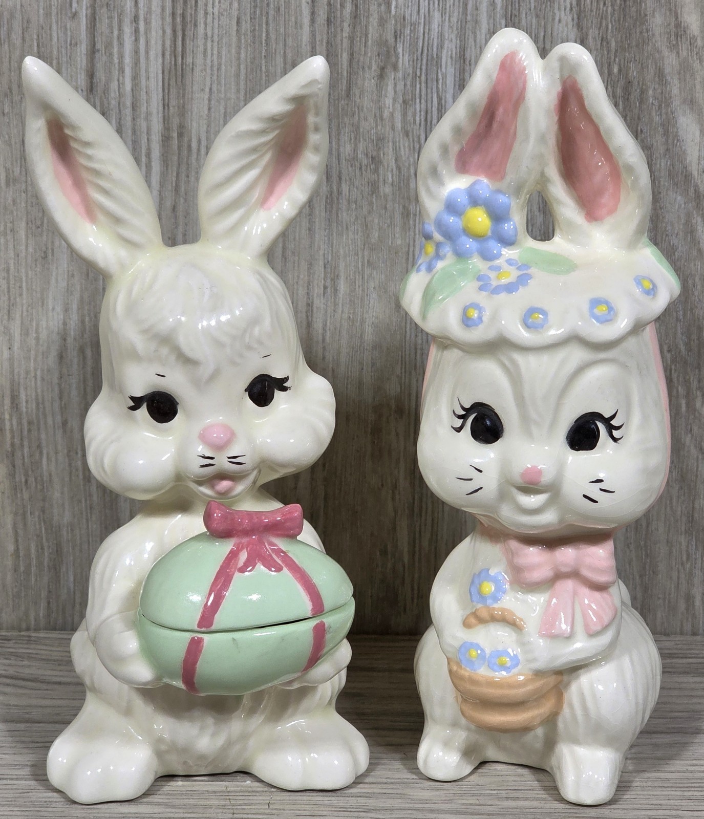 Ceramic Easter Bunny Pair Boy Candy Dish Egg & Girl Floral Bonnet Set Vintage 7