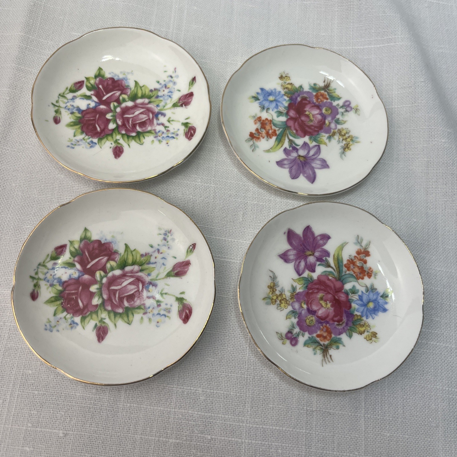Four Vintage  Bone China Japan Mixed Floral Gold Scalloped Edge Butter Pads