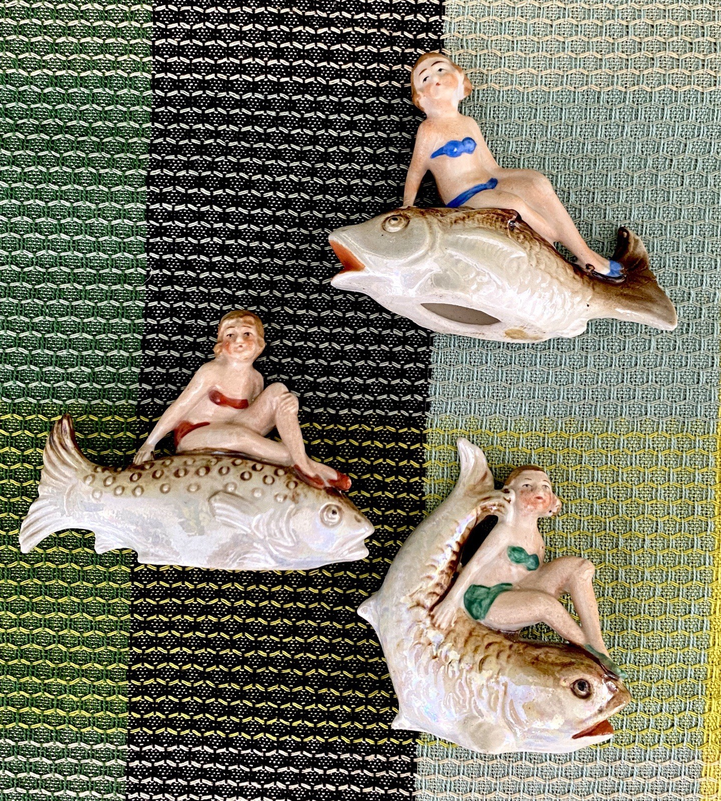 Antique Vintage Mermaid Figurines Set Of 3 Sitting On Fish Very Rare